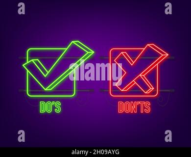 Pulsante al neon do s e Don ts. Set di elementi logotipi minimi con semplice pollice verso l'alto piatto. Illustrazione vettoriale Illustrazione Vettoriale