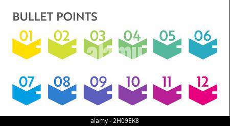 Numeri puntati. Marcatori elenco colorati da 1 a 12. Elementi di progettazione vettoriale per infografica moderna. Illustrazione Vettoriale