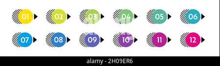 Numeri puntati. Marcatori elenco colorati da 1 a 12. Elementi di progettazione vettoriale per infografica moderna. Illustrazione Vettoriale