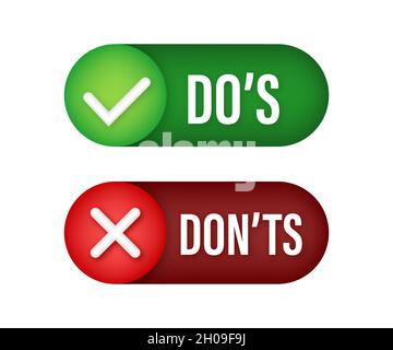 Pulsante al neon do s e Don ts. Set di elementi logotipi minimi con semplice pollice verso l'alto piatto. Illustrazione vettoriale Illustrazione Vettoriale