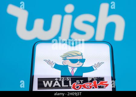 Wish è una piattaforma di e-commerce online. Pompare azioni sul mercato azionario da parte del gruppo wallstreetbets di reddit. Foto Stock