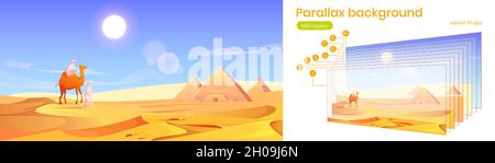 Parallasse sfondo Egitto deserto paesaggio con piramidi e beduini con cammello. Panorama egizio vista di famoso punto di riferimento in dune di sabbia dorata. Cartoon natura strati separati, Vector 2d gioco scena Illustrazione Vettoriale