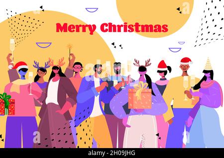 le persone in babbo natale cappelli in possesso di regali mix di uomini d'affari gara che celebra il 2022 nuovo anno e natale concetto di vacanze Illustrazione Vettoriale