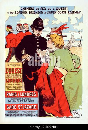 Poster Vintage francese che mostra una donna francese che chiede a un bobby inglese per le direzioni che fanno pubblicità ai treni da Parigi a Londra, di Jules Chéret , 1895 Foto Stock