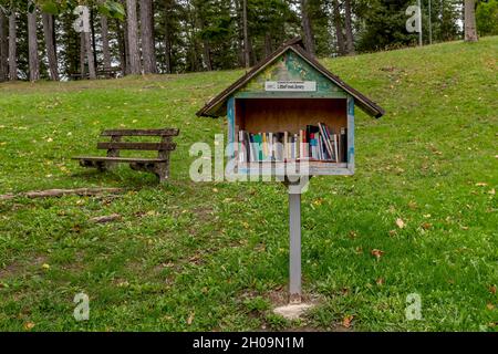 Piccola biblioteca pubblica in legno, in un parco pubblico di Lizzano in Belvedere, Bologna Foto Stock