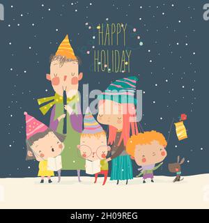 Cartone animato Happy Kids festeggiamenti invernali. Saint Martins giorno Illustrazione Vettoriale