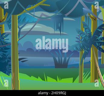 Alberi della foresta pluviale. Densi folti notturni. Vista dalla foresta Dark Jungle. Panorama della foresta tropicale. Paesaggio rurale meridionale. Illustrazione in stile cartone animato Illustrazione Vettoriale