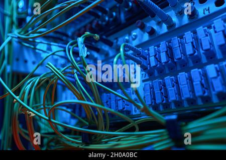 Cavi collegati al pannello patch del cabinet del server Foto Stock