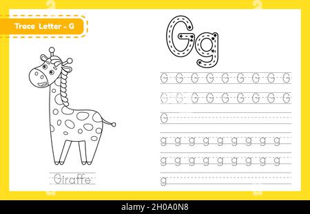 Tracciare la lettera G maiuscola e minuscola. Foglio di lavoro di pratica di calcolo dell'alfabeto per i bambini che imparano l'inglese con animale carino dei cartoni animati. Boo da colorare Illustrazione Vettoriale