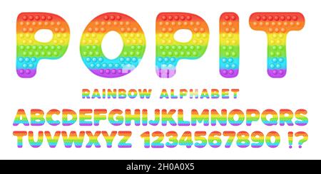 Popit font design - alfabeto e numeri impostati in stile di giocattoli trendy in silicio fidget. Pop IT giocattolo per fedget in colori brillanti. Bolla lettere sensoriali come Illustrazione Vettoriale