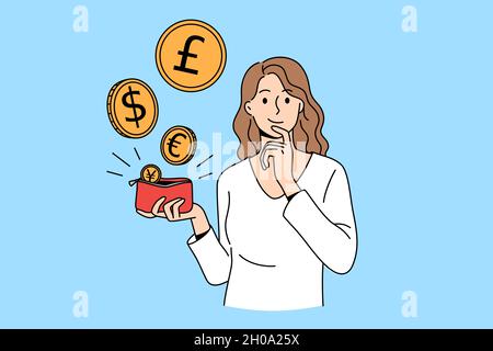 Concetto di valuta e denaro vari. Giovane donna sorridente personaggio cartoon in piedi tenendo borsetta rossa con volare diverse monete illustrazione vettoriale Illustrazione Vettoriale