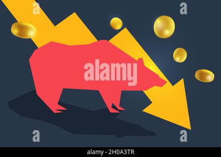Icona Bear (orso) o Bearish (barrata) con freccia e barre verso il basso. Concetti relativi al mercato azionario di bull and Bear borsa o finanza. Illustrator vettoriale. Illustrazione Vettoriale