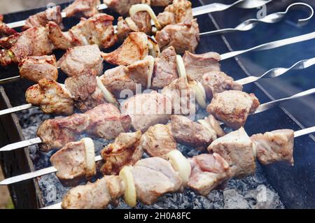 Shashlik marinato preparazione su una griglia barbecue su carbone. Tradizionale shashlik russo su uno spiedino per barbecue Foto Stock