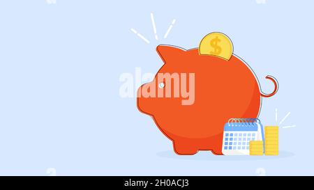 Icona di Piggy Bank con illustrazione vettoriale delle monete isolato su sfondo blu. Risparmio, investimento in futuro o risparmio di denaro o aprire un concetto di deposito bancario. Illustrazione Vettoriale