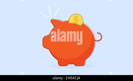 Icona di Piggy Bank con illustrazione vettoriale delle monete isolato su sfondo blu. Risparmio, investimento in futuro o risparmio di denaro o aprire un concetto di deposito bancario. Illustrazione Vettoriale