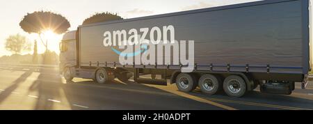 Guilherand-Granges, Francia - 12 ottobre 2021. Camion su strada con logo Amazon Logistics. Servizio di spedizione e consegna dell'ultimo miglio che riceve gli ordini a Un Foto Stock