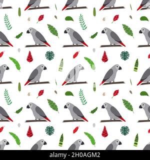 Modello senza cuciture con pappagalli grigi africani Jaco, foglie tropicali e fiori. Cute baby stampa per tessuti e tessuti. Illustrazione Vettoriale