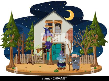 Strega che guida una scopa di fronte a casa infestata in legno illustrazione Illustrazione Vettoriale