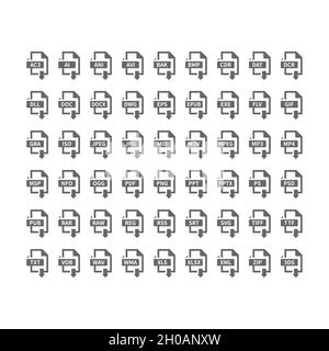 Icone vettoriali per il download dei tipi di file. Formato file con set di icone a freccia, pulsanti file. Illustrazione Vettoriale