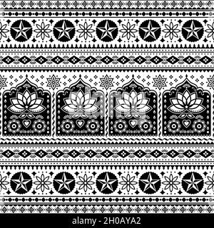 Indian truck art floreale senza cuciture folk art pattern, Pakistan Jingle camion vettoriale design, ornamento bianco e nero con fiori di loto e abstract sh Illustrazione Vettoriale