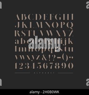 Elegante carattere elegante, alfabeto inglese. Lettere maiuscole, minuscole e numeri marroni Illustrazione Vettoriale