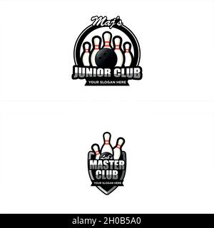 Set di disegno di logo di addestramento del club di bowling vettoriale Illustrazione Vettoriale