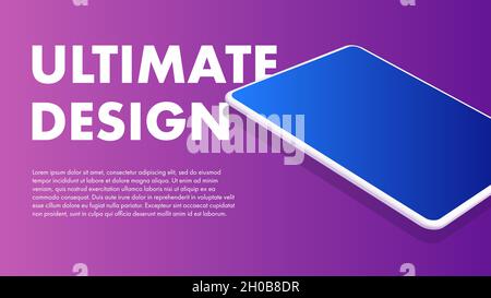 Poster pubblicitario Mockup per tecnologia e dispositivi. Banner a tema viola con un tablet e spazio per il testo. Illustrazione vettoriale Illustrazione Vettoriale