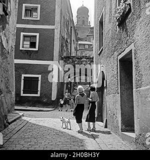 Zwei junge Frauen gehen mit dem Hund durch eine kleine Gasse in Passau auf Richtung Stephansdom, Deutschland 1930er Jahre. Due donne e il loro cane passeggiando attraverso un piccolo vicolo di Passau con la direzione per la cattedrale di Santo Stefano, Germania 1930s. Foto Stock