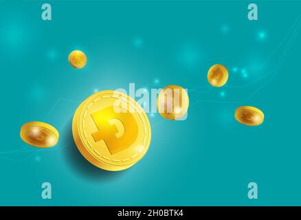 Un background verde nel concetto di vettore dogecoina sta crescendo nell'aria. La criptovaluta è in un vettore di moneta d'oro 3D con un segno Dogecoin. Illustrazione Vettoriale