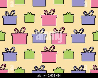 Modello senza cuciture in confezione regalo. Confezioni regalo multicolore di diverse forme e dimensioni. Disegno per carta da imballaggio, materiale promozionale, striscioni e poste Illustrazione Vettoriale