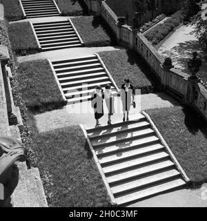 Drei Frauen auf den Treppen im Park der Residenz di Würzburg, Deutschland 1930er Jahre. Tre donne presso le scale nel giardino pubblico di Residenza di Würzburg, Germania 1930s. Foto Stock