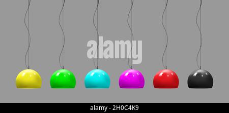 Lampada a sospensione - illustrazione vettoriale. Set multicolore. Illuminazione interna moderna. Lampadario con paralume in metallo lucido colorato Illustrazione Vettoriale