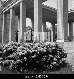 Wachsoldaten an der Ehrenhalle zwischen Karolinenplatz und Königsplatz in München, Deutschland 1930er Jahre. I soldati a sentinel al memoriale nazista tra piazza Karolinenplatz e piazza Koenigsplatz a Monaco di Baviera, Germania 1930s. Foto Stock