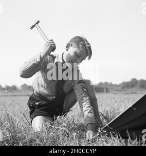 Ein Hitlerjunge schlägt einen Hering beim Zeltaufbau in die Erde von Westfalen, Deutschland 1930er Jahre. Una gioventù hitleriana impostazione di una tenda a Westfalia, Germania 1930s. Foto Stock