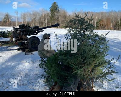 Una squadra di sparatorie Soldier da C Battery, 1°/120° artiglieria da campo, Guardia Nazionale del Wisconsin, attende gli ordini di sparare durante il Winter Strike 21 al Camp Grayling manovrare Center, Michigan, 25 gennaio 2021. Winter Strike 21 è un evento di preparazione alle basse temperature che si svolge come parte della serie di esercizi del Northern Strike, che offre strutture impareggiabili della Guardia Nazionale del Michigan come sede per le forze degli Stati Uniti e della coalizione per ricevere un addestramento avanzato sugli incendi congiunti in tutti i domini in tutte le condizioni meteorologiche. (Esercito DEGLI STATI UNITI Foto Stock