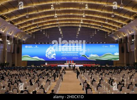 (211012) -- KUNMING, 12 ottobre 2021 (Xinhua) -- Foto scattata il 12 ottobre 2021 mostra la riunione plenaria ministeriale della quindicesima riunione della Conferenza delle parti della Convenzione sulla diversità biologica, o COP15, tenutasi a Kunming, nella provincia di Yunnan, nella Cina sudoccidentale. (Xinhua/Jin Liwang) Foto Stock