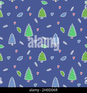 Natale e Felice anno nuovo modello senza giunture con alberi di festa. Isolato su illustrazione vettoriale bianca. Sfondo di vacanze senza fine Illustrazione Vettoriale