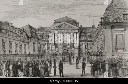 Storia della Germania. Congresso di Berlino, 13 giugno 1878. Si tenne al Palazzo Radziwill, la nuova residenza ufficiale del Principe di Bismarck (Palazzo della Cancelleria dell'Impero tedesco). È stata discussa la soluzione delle molteplici questioni della questione orientale. Le potenze europee di Germania, Austria-Ungheria, Francia, Gran Bretagna, Italia, La Russia e l'Impero Ottomano hanno partecipato. Incisione di Capuz. La Ilustración Española y americana, 1878. Foto Stock