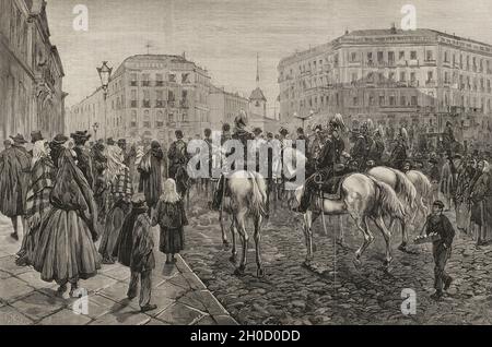 Storia della Spagna. Madrid. Buglers del corpo montato della guarnigione che gioca reveille militare alla Puerta del Sol (porta del Sole), la mattina del 23 gennaio 1878, giorno delle nozze di re Alfonso XII con Mercedes d'Orleans. Disegno dalla vita di Pellicer. Incisione di Enrique Alba. La Ilustración Española y americana, 1878. Foto Stock