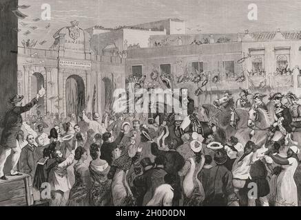 Arsenio Martínez Campos (1831-1900). Militare e politico spagnolo. Ha pacificato Cuba e ha ricoperto la carica di primo ministro spagnolo. La pace a Cuba. L'Avana. Ingresso trionfale di Martínez Campos il 14 giugno 1878, dopo la fine della guerra dei dieci anni (1868-1878). Disegno di Juan Comba. Incisione di Ovejero. La Ilustración Española y americana, 1878. Foto Stock