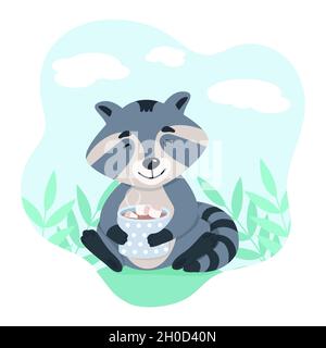 Carino raccoon bere cacao in natura. Animali divertenti. Illustrazione vettoriale in stile piatto Illustrazione Vettoriale