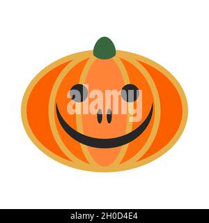 Happy Halloween faccia di zucca isolato su sfondo bianco. Zucca sorridente arancione. Squash per Halloween o giorno del Ringraziamento. Icona a colori vettoriali piatti per Illustrazione Vettoriale