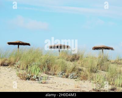 Una composizione centrale di tre sole spiaggia unbrellas.The foto è scattata durante l'estate a Sinemorets, Bulgaria. È stata una bellissima giornata sulla spiaggia. Foto Stock