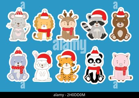 Set di adesivi di Capodanno con animali carini Illustrazione Vettoriale