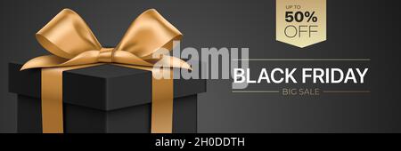 Design vettoriale carta sconto Black Friday, con confezione regalo nera di lusso avvolta con nastro dorato. Illustrazione Vettoriale