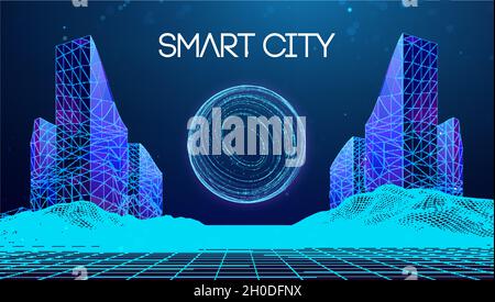 Paesaggio a reticolo con Smart City. Tecnologia sfondo blu in stile poly basso. Sicurezza dei dati background vettoriale 3d. Rete sociale globale Illustrazione Vettoriale