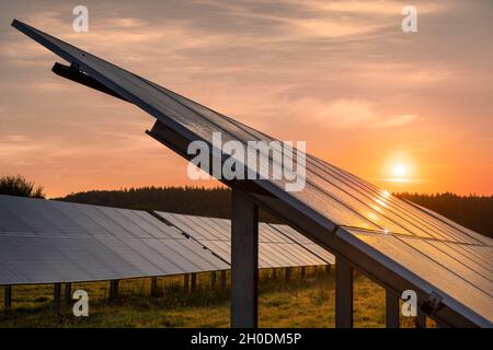 Il sole sorge su una serie di pannelli fotovoltaici in un campo Devon all'alba a fine estate. Foto Stock