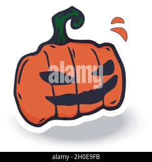 Set vettoriale disegnato a mano di zucche di Halloween cute con diversi adesivi divertenti volti. Vacanze autunnali. Elementi creepy e spooky per Halloween. Illustrazione Vettoriale