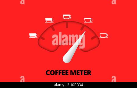 Indicatore del caffè, scala e freccia con tazza di caffè bianca su sfondo rosso. Termometro per caffè, bilancia a passione per caffeina, misuratore di misurazione per caffè. Illustrazione Vettoriale
