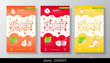 Set di modelli per etichette yogurt frutta e Berries. Raccolta di layout di progettazione di packaging astratto Vector Dairy. Banner moderno con pere disegnate a mano, mele Illustrazione Vettoriale
